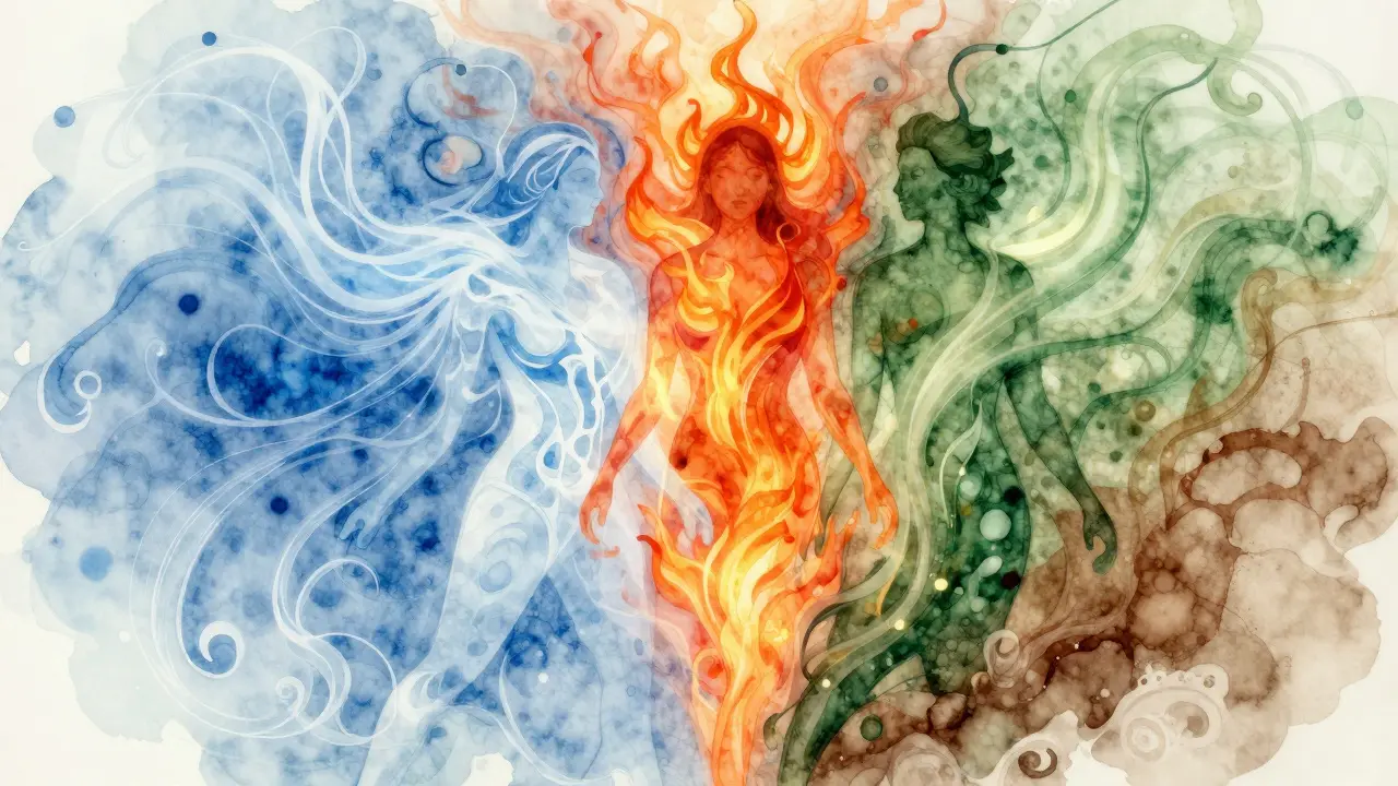 Illustration abstraite des trois Doshas en équilibre harmonieux
