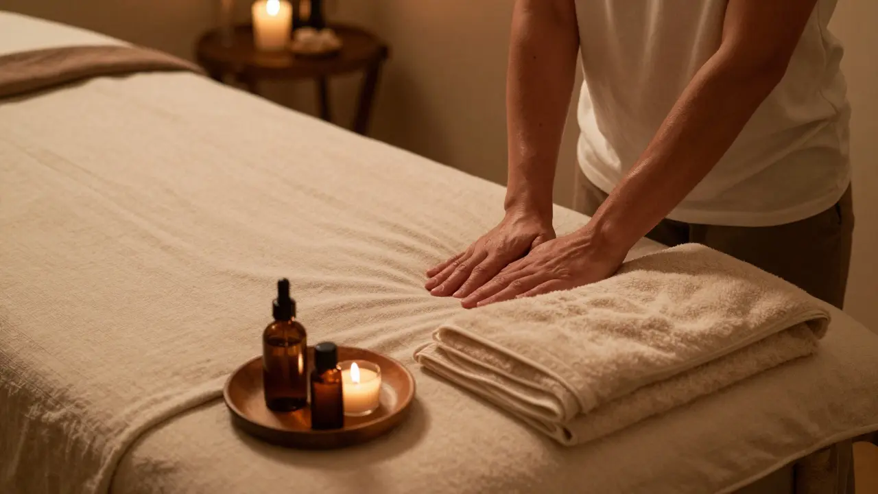 Lit de massage préparé avec draps frais et éclairage doux