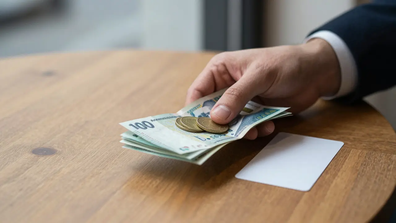 Mains tenant des couronnes tchèques sur une table, symbole de transaction sûre