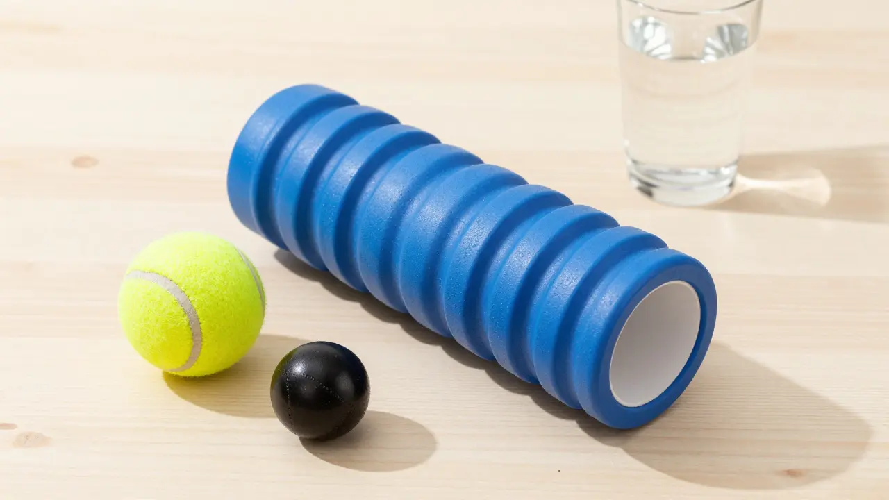 Rouleau de massage, balle de tennis et balle de lacrosse disposés sur une table en bois