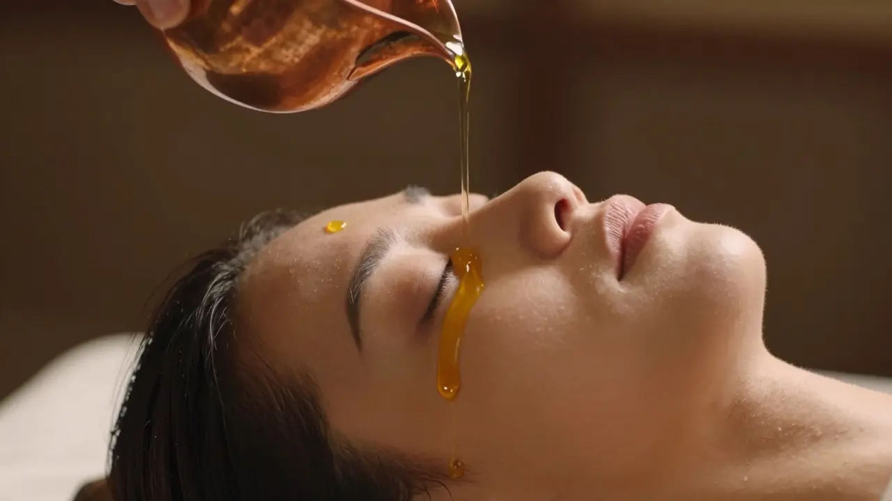Technique Shirodhara : filet d'huile coulant sur le front pour la relaxation