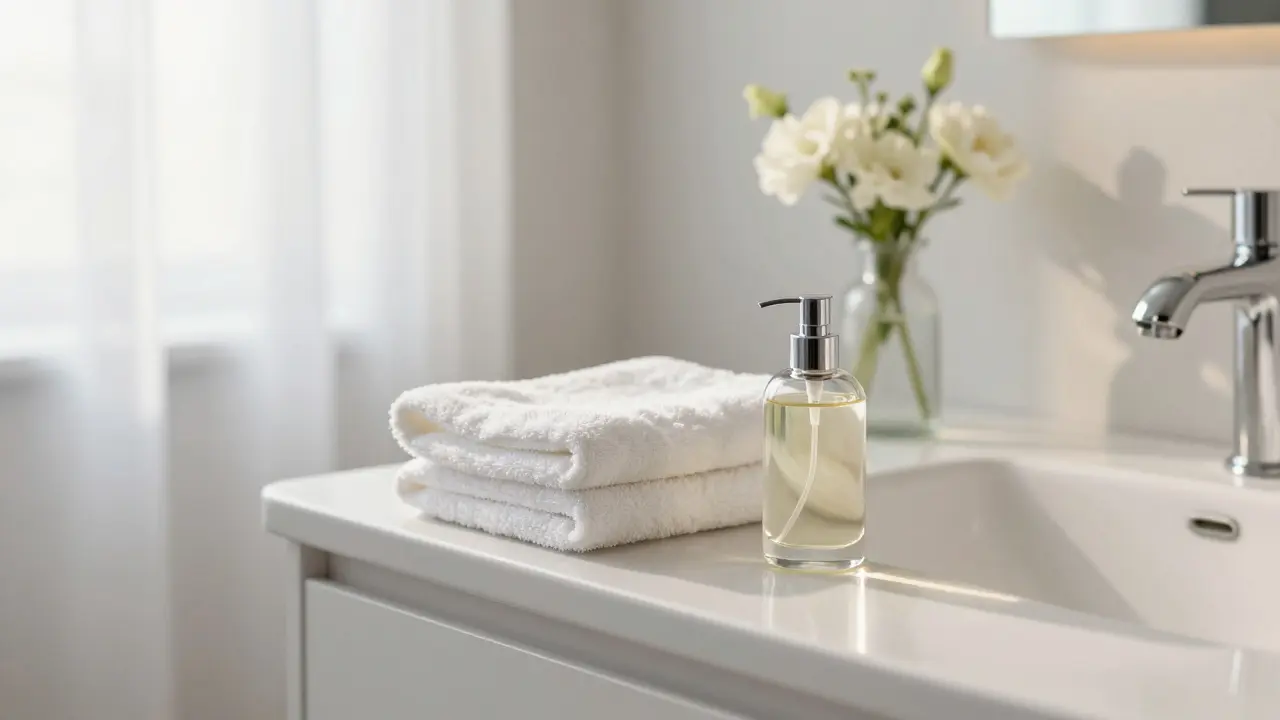 Toilette soignée avec parfum et fleurs, ambiance calme