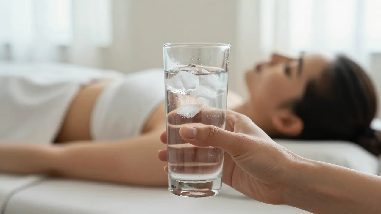 Verre d'eau fraîche tenu après une séance de massage relaxante