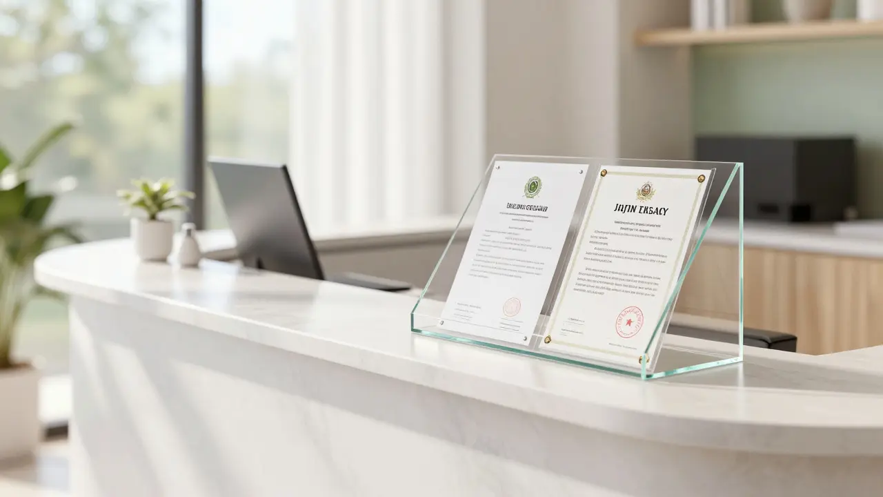 Bureau d'accueil propre avec certificats affichés, symbolisant la sécurité légale
