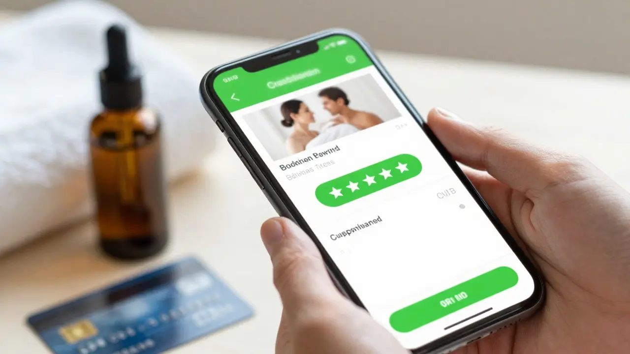 Main tenant un smartphone pour réserver un soin bien-être sécurisé