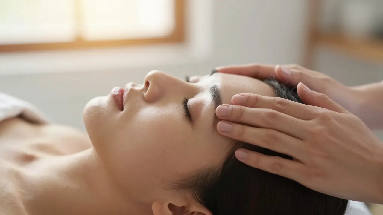 Mains douces d'un thérapeute sur le front d'un client en relaxation profonde
