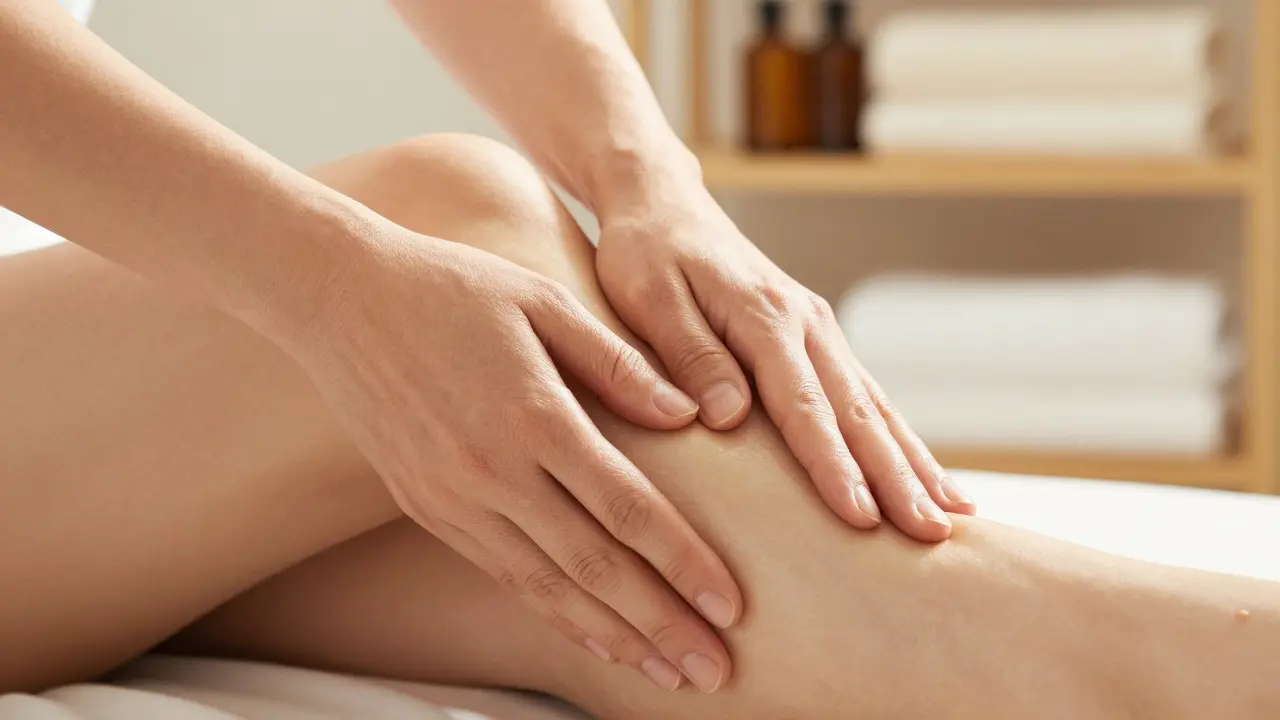 Mains effectuant un doux massage sur la cheville d'une femme enceinte