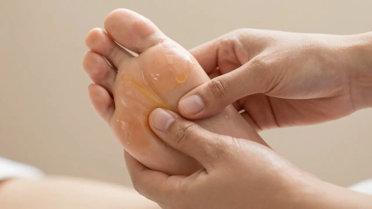 Mains massant doucement la plante du pied avec de l'huile chauffée