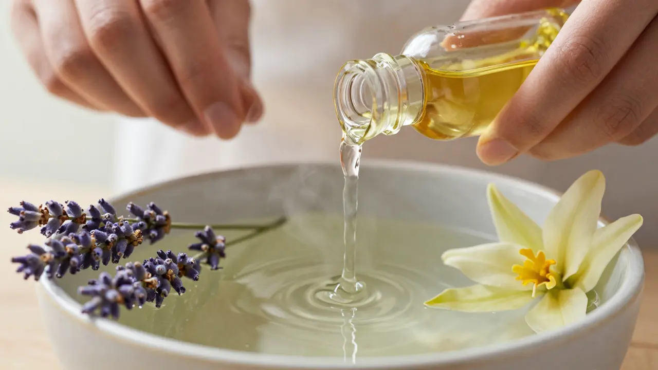 Mains versant de l'huile de massage tiède près de fleurs de lavande