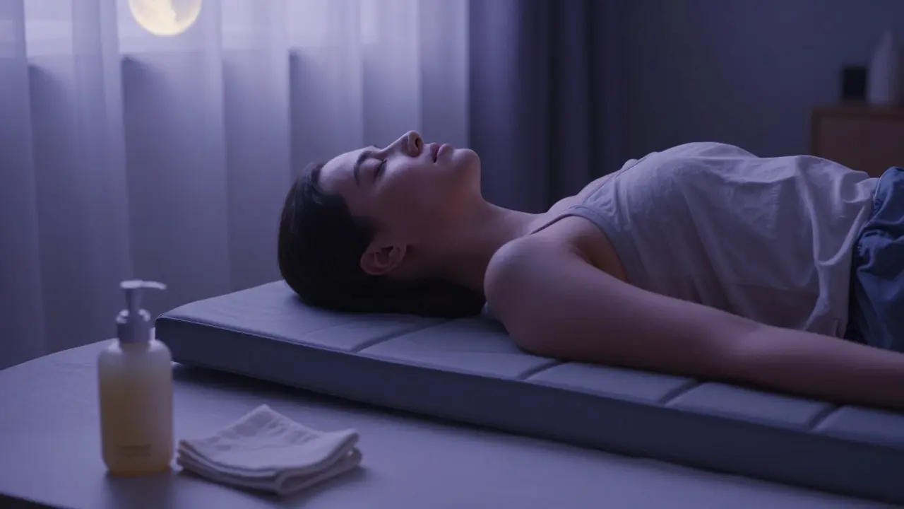 Personne détendue sur un tapis de massage vibrant dans une chambre calme