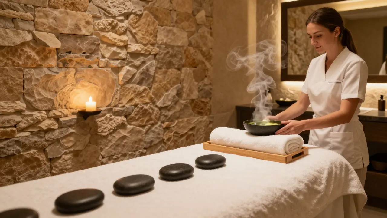 Salle de spa luxueuse et apaisante avec pierres chaudes et éclairage doux
