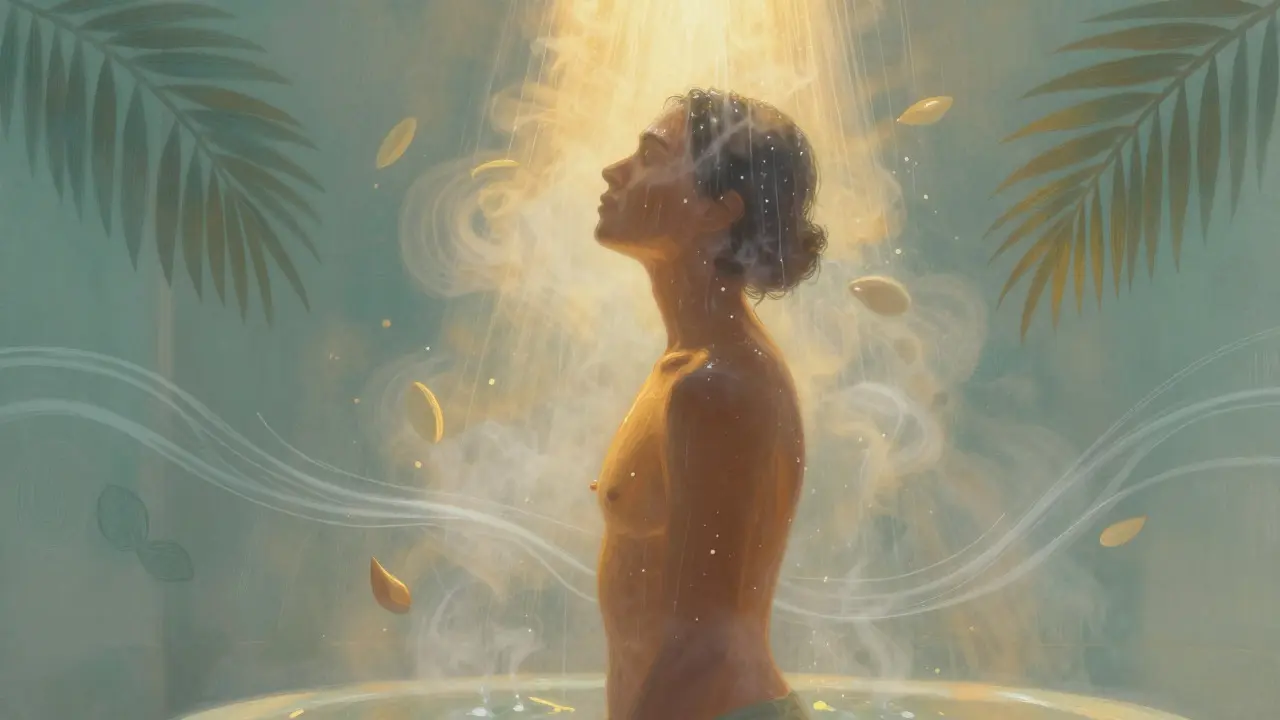 Silhouette lumineuse après un bain chaud, évoquant pureté et vitalité
