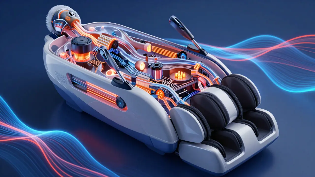 Vue technique d'une machine de massage avec moteurs et éléments chauffants