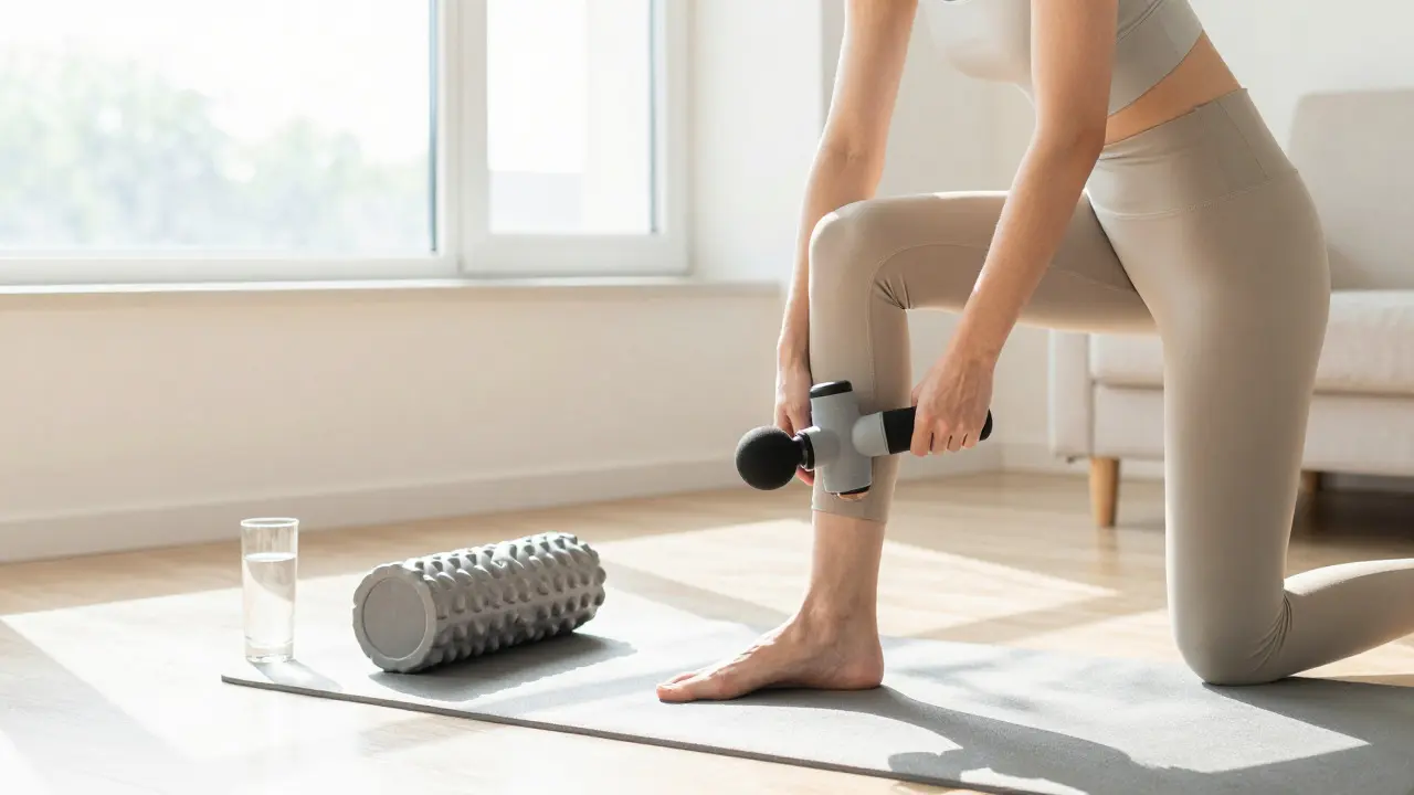 Athlète utilisant un pistolet de massage sur la jambe dans une salle lumineuse