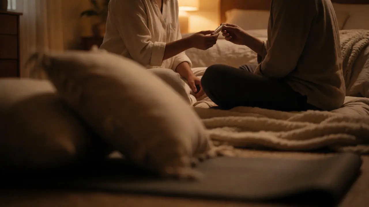 Couple préparant un massage avec baume à lèvres dans une ambiance tamisée et confortable.