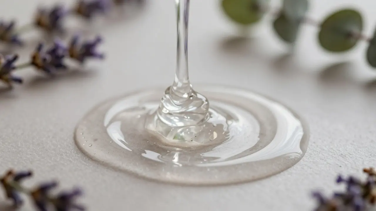 Goutte de gel Nuru transparent sur une surface lisse avec des fleurs de lavande