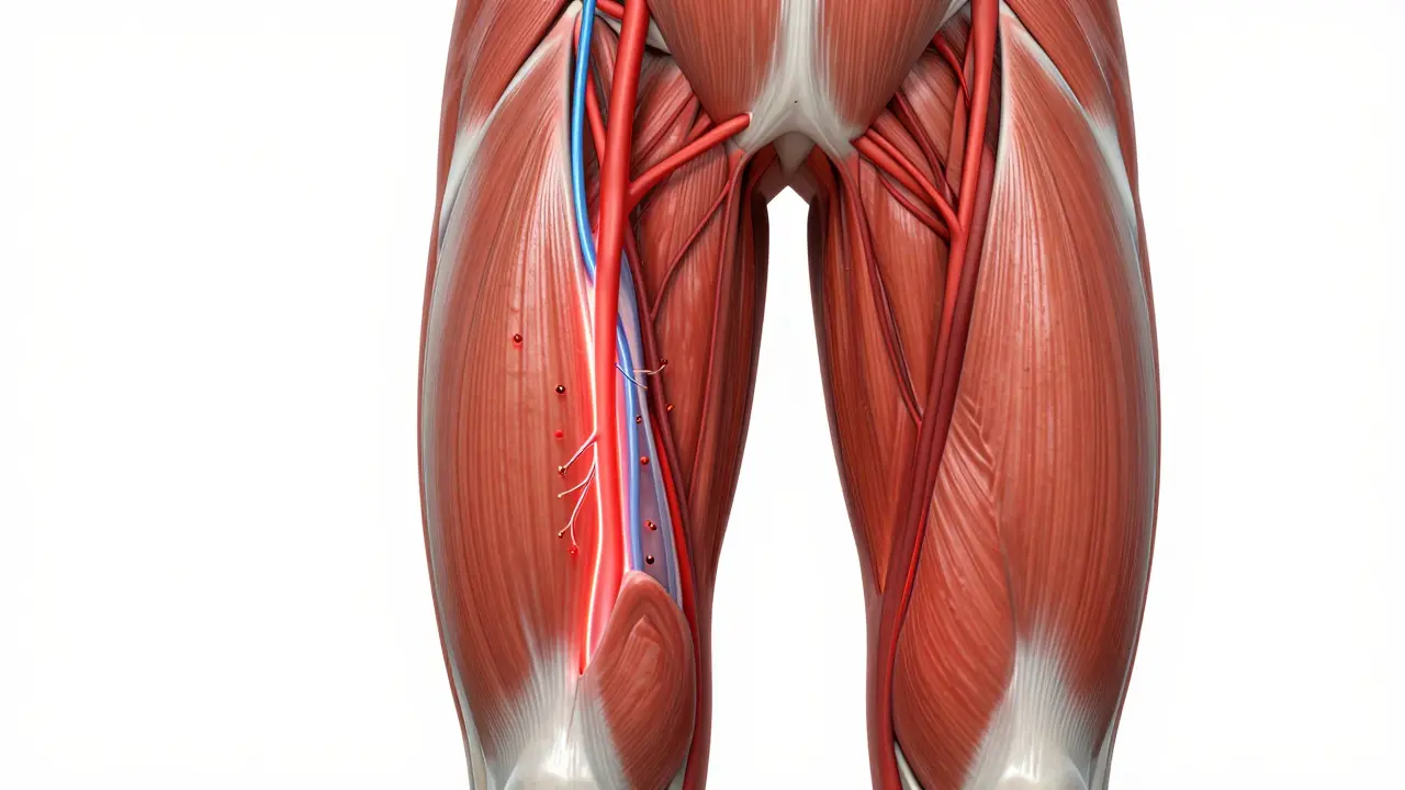 Illustration des vaisseaux sanguins dilatés et du flux lymphatique dans le muscle