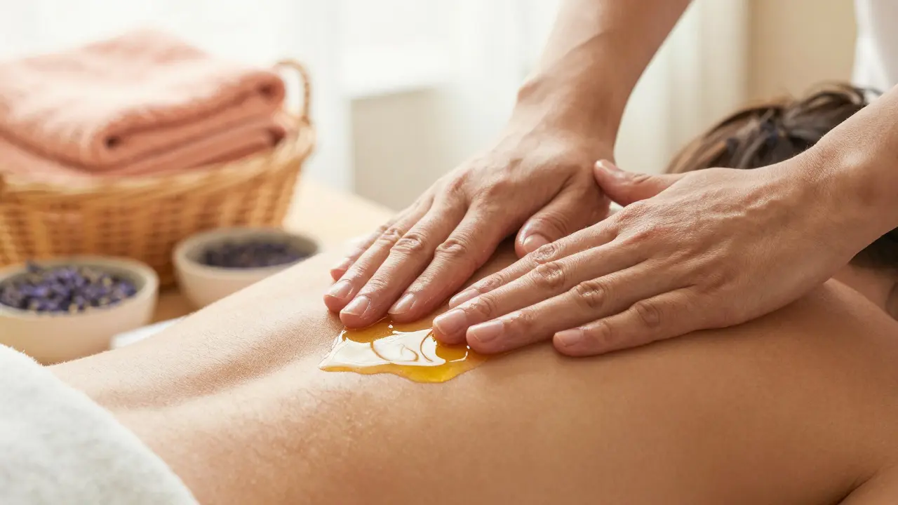 Mains appliquant de l'huile chaude sur la peau lors d'une séance de massage