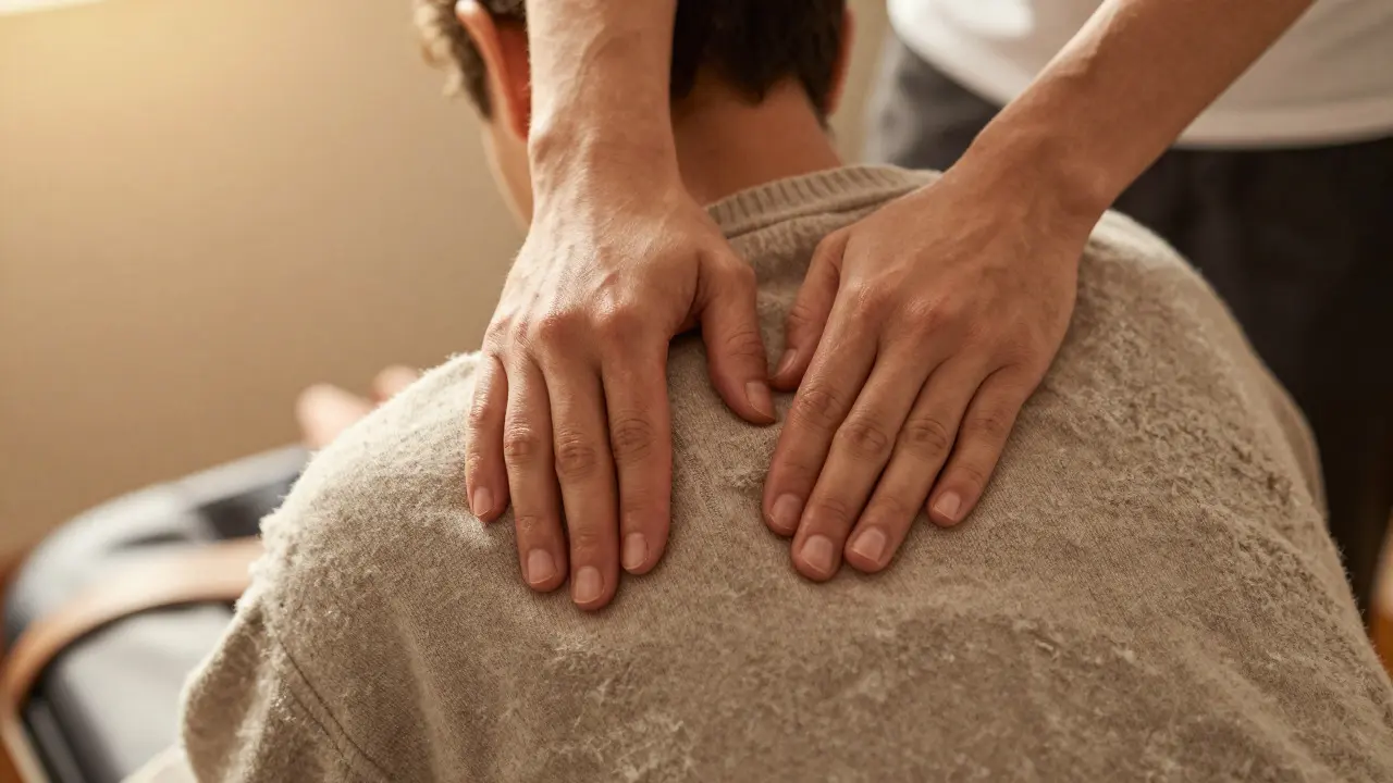 Mains du thérapeute massant les épaules d'un client vêtu sur une chaise