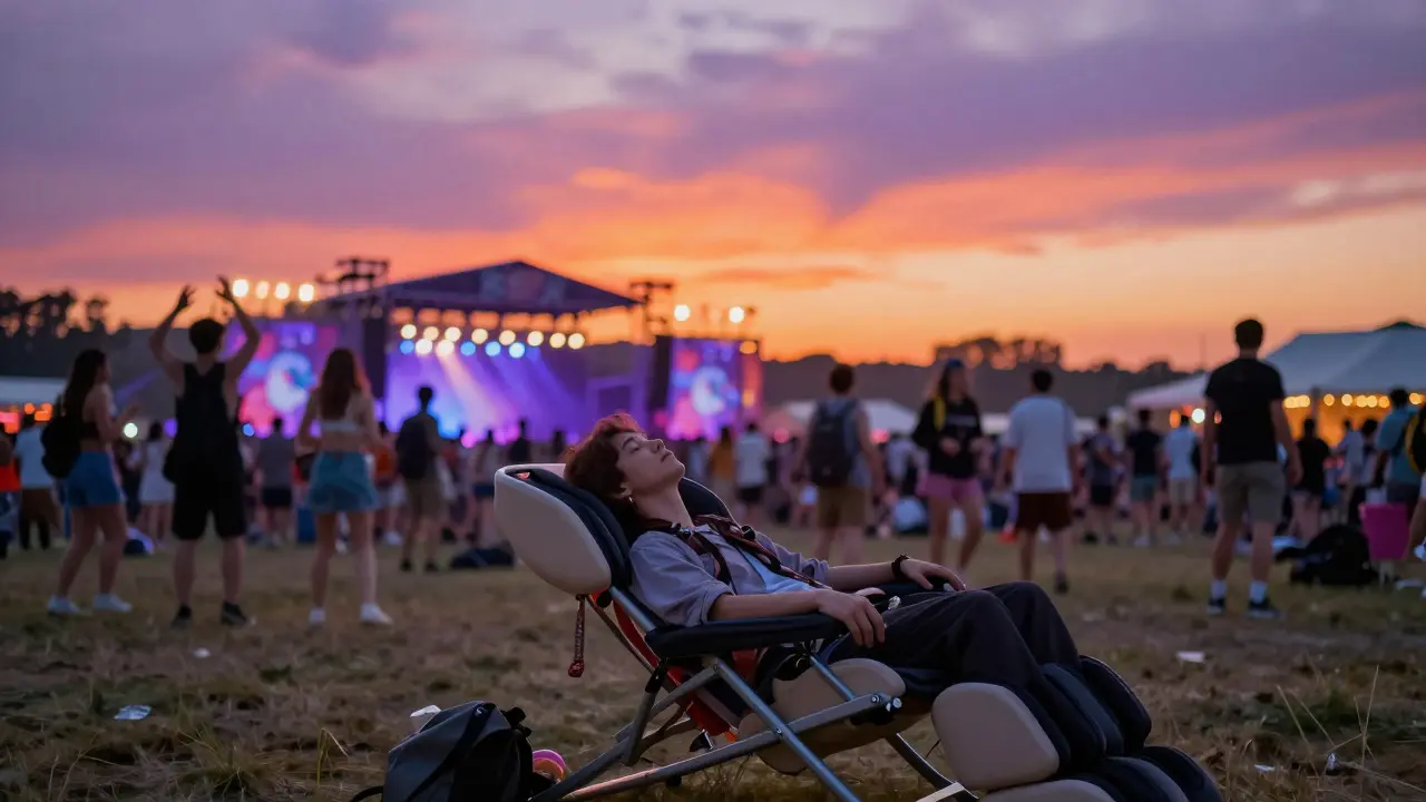 Personne se relaxant sur une chaise de massage au milieu d'un festival