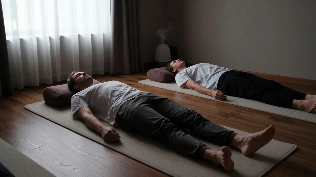 Pièce apaisante avec un tapis de massage, des coussins et un diffuseur d'huiles