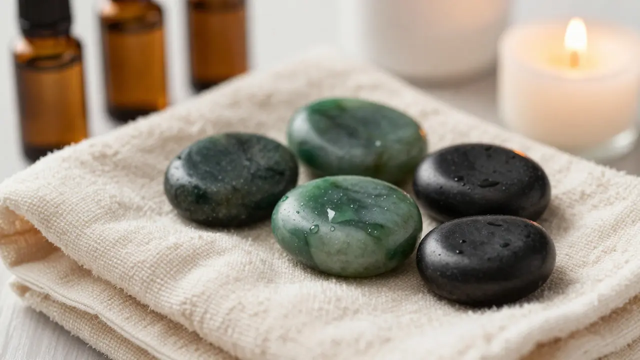 Pierres de massage en jade et obsidienne posées sur une serviette en lin douce