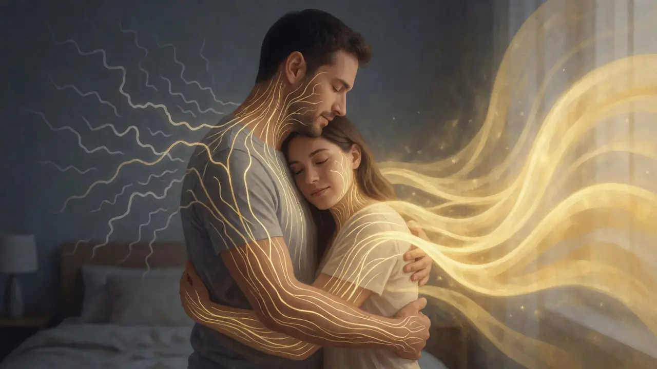 Représentation artistique abstraite de la connexion émotionnelle et du calme neuronal par le toucher.